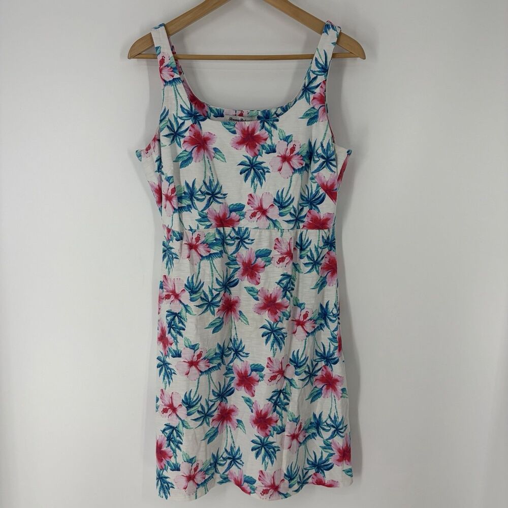 Tommy Bahama Dress Size Medium Womens White Pink Teal Scoop Neck Hawaiian Print